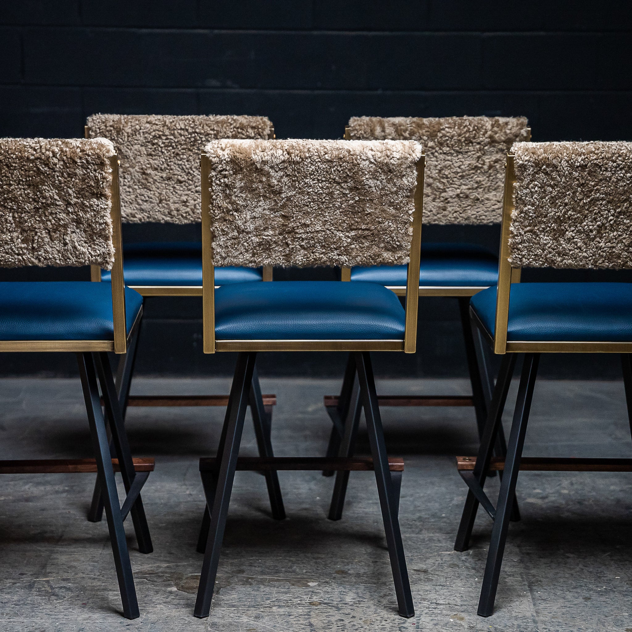 Shaker Swivel Chair - Macchiato Shearling, Blue Leather & Brushed Brass