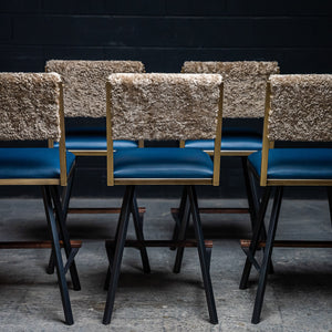 Shaker Swivel Chair - Macchiato Shearling, Blue Leather & Brushed Brass
